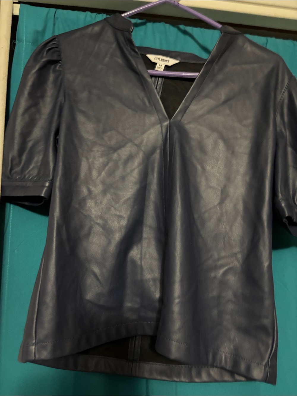 Steve Madden Navy Faux Leather V-Neck Short Sleeve Top